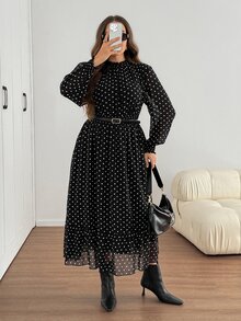 SHEIN LUNE Gaun Liburan Lengan Panjang Motif Polkadot Gaya Prancis Ukuran Besar untuk Musim Gugur - Hitam dan Putih - View 5