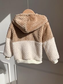 SHEIN 男女嬰兒/男嬰秋冬保暖內裡加厚拼色拼接連帽夾克，男嬰秋冬服飾，復古風 - 卡其色 - 查看 2