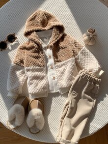 SHEIN 男女嬰兒/男嬰秋冬保暖內裡加厚拼色拼接連帽夾克，男嬰秋冬服飾，復古風 - 卡其色 - 查看 7