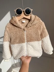 SHEIN 男女嬰兒/男嬰秋冬保暖內裡加厚拼色拼接連帽夾克，男嬰秋冬服飾，復古風 - 卡其色 - 查看 6