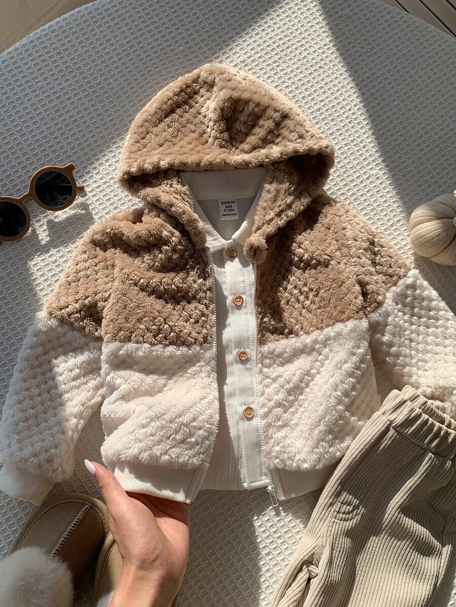 SHEIN 男女嬰兒/男嬰秋冬保暖內裡加厚拼色拼接連帽夾克,男嬰秋冬服飾,復古風 - 卡其色 - 查看 1