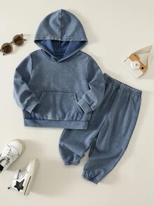 SHEIN 中性嬰兒男/女童、幼兒 2件組秋冬休閒時尚雪花藍連帽衛衣套裝，嬰兒運動服，冬季套裝，嬰兒服飾 - 藍色 - 查看 4