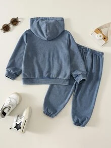 SHEIN 中性嬰兒男/女童、幼兒 2件組秋冬休閒時尚雪花藍連帽衛衣套裝，嬰兒運動服，冬季套裝，嬰兒服飾 - 藍色 - 查看 2