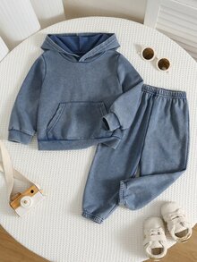 SHEIN 中性嬰兒男/女童、幼兒 2件組秋冬休閒時尚雪花藍連帽衛衣套裝，嬰兒運動服，冬季套裝，嬰兒服飾 - 藍色 - 查看 6