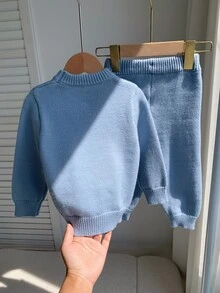 SHEIN 男女嬰兒適用 2件組秋冬休閒可愛熊圖案嬰兒藍針織毛衣套裝 - 藍色 - 查看 3