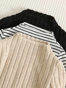 SHEIN 男女嬰兒/幼兒 3件組 秋冬抓絨內裡加厚休閒百搭可愛純色與條紋立領長袖T恤多件套裝，嬰兒冬季T恤上衣 - 黑與白 - 查看 4