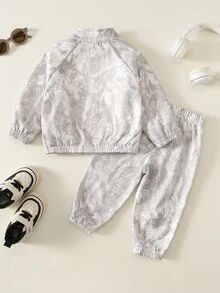 SHEIN 中性嬰兒男/女童、幼兒 2件組 秋冬抓絨內裡加厚休閒運動風迷彩立領夾克套裝、衛衣套裝、嬰兒冬季衣物、運動服 - 灰色 - 查看 2