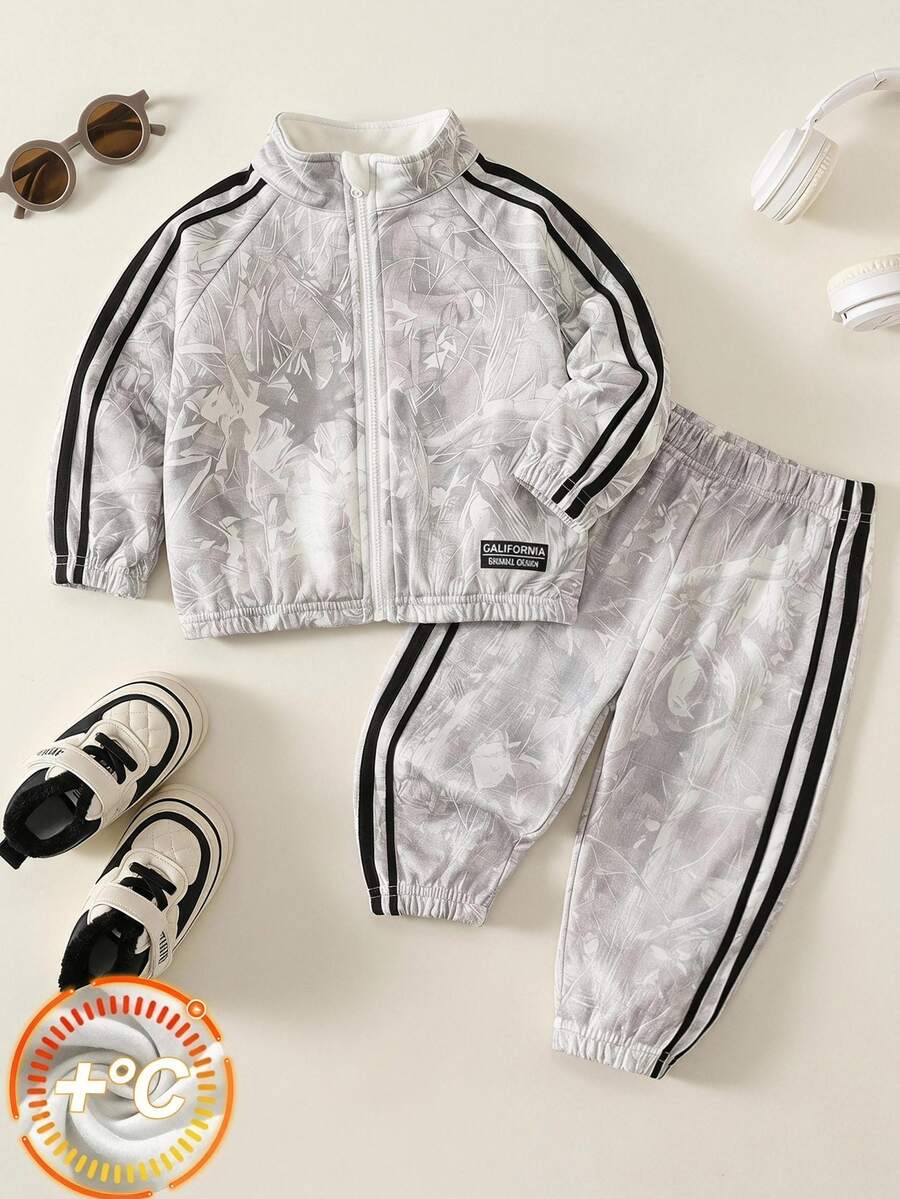 SHEIN 中性嬰兒男/女童、幼兒 2件組 秋冬抓絨內裡加厚休閒運動風迷彩立領夾克套裝、衛衣套裝、嬰兒冬季衣物、運動服 - 灰色 - 查看 1