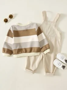 SHEIN 男女嬰兒/幼兒 2件組秋冬休閒可愛條紋運動衫套裝，燈芯絨吊帶褲，嬰兒冬季衣著/套裝，萬聖節 - 卡其色 - 查看 3