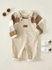SHEIN 男女嬰兒/幼兒 2件組秋冬休閒可愛條紋運動衫套裝，燈芯絨吊帶褲，嬰兒冬季衣著/套裝，萬聖節 - 卡其色 - 查看 4