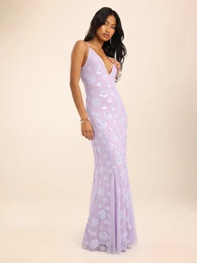 Dancing Leopard Purple Sequin Sheer Mesh Plunge Maxi Dress, Evening Party Outfit - Purple - View 8