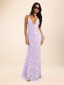 Dancing Leopard Purple Sequin Sheer Mesh Plunge Maxi Dress, Evening Party Outfit - Purple - View 4