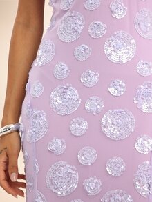 Dancing Leopard Purple Sequin Sheer Mesh Plunge Maxi Dress, Evening Party Outfit - Purple - View 7