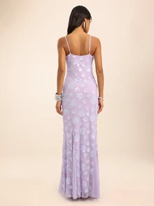 Dancing Leopard Purple Sequin Sheer Mesh Plunge Maxi Dress, Evening Party Outfit - Purple - View 2