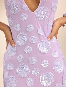 Dancing Leopard Purple Sequin Sheer Mesh Plunge Maxi Dress, Evening Party Outfit - Purple - View 6