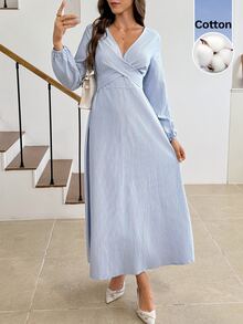 Serisse Women's Casual Commute Striped Long Dress - Blue and White - View 7