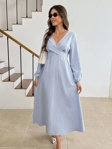 Serisse Women's Casual Commute Striped Long Dress - Blue and White - View 9