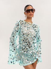Dancing Leopard Blue Sequin Sheer Mesh Flared Sleeve Cover-Up, Holiday/Vacation Beachwear - Blue - View 5
