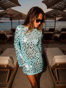 Dancing Leopard Blue Sequin Sheer Mesh Flared Sleeve Cover-Up, Holiday/Vacation Beachwear - Blue - View 1