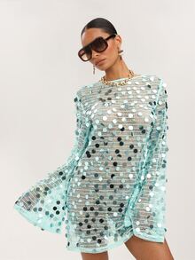 Dancing Leopard Blue Sequin Sheer Mesh Flared Sleeve Cover-Up, Holiday/Vacation Beachwear - Blue - View 7
