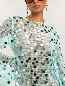 Dancing Leopard Blue Sequin Sheer Mesh Flared Sleeve Cover-Up, Holiday/Vacation Beachwear - Blue - View 4
