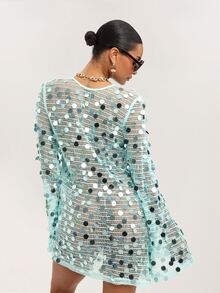 Dancing Leopard Blue Sequin Sheer Mesh Flared Sleeve Cover-Up, Holiday/Vacation Beachwear - Blue - View 2
