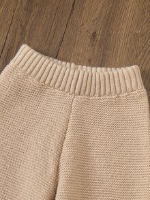 SHEIN 女童獨特圖案針織套裝－立領套頭衫配捲袖口與寬鬆直筒褲，適合秋冬 - 卡其色 - 查看 3