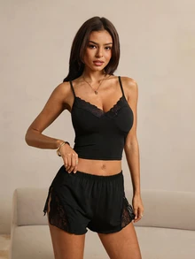 HautHeat Women's Lace Patchwork Camisole Top And Shorts Casual Daily Loungewear Set - Black - View 5