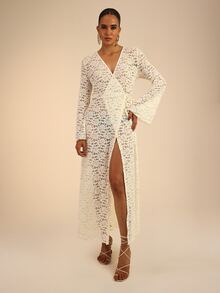 Dancing Leopard Apricot Lace Wrap Long Sleeve Dress, Holiday/Vacation Wear - Apricot - View 5