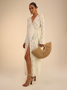 Dancing Leopard Apricot Lace Wrap Long Sleeve Dress, Holiday/Vacation Wear - Apricot - View 1