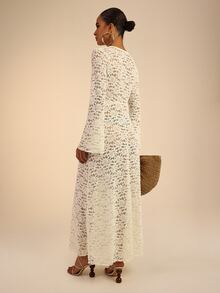 Dancing Leopard Apricot Lace Wrap Long Sleeve Dress, Holiday/Vacation Wear - Apricot - View 2