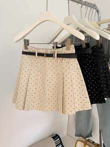 Muvela Women's White And Black Polka Dot Pleated Design Elegant Preppy Versatile Skorts School Date Summer - Apricot - View 7