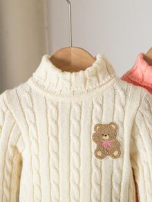 SHEIN Young Girl Solid Color Knit Bear Patch Stand Collar Casual Sweater 2pcs Set - Multicolor - View 5