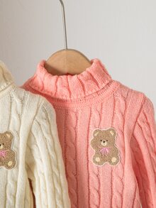 SHEIN Young Girl Solid Color Knit Bear Patch Stand Collar Casual Sweater 2pcs Set - Multicolor - View 4