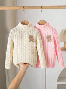 SHEIN Young Girl Solid Color Knit Bear Patch Stand Collar Casual Sweater 2pcs Set - Multicolor - View 1