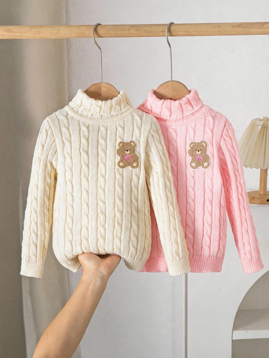 SHEIN Young Girl Solid Color Knit Bear Patch Stand Collar Casual Sweater 2pcs Set - Multicolor - View 1