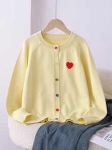 SHEIN 青少年女孩秋冬休閒愛心彩色鈕扣開襟衫 - 黃色 - 查看 1