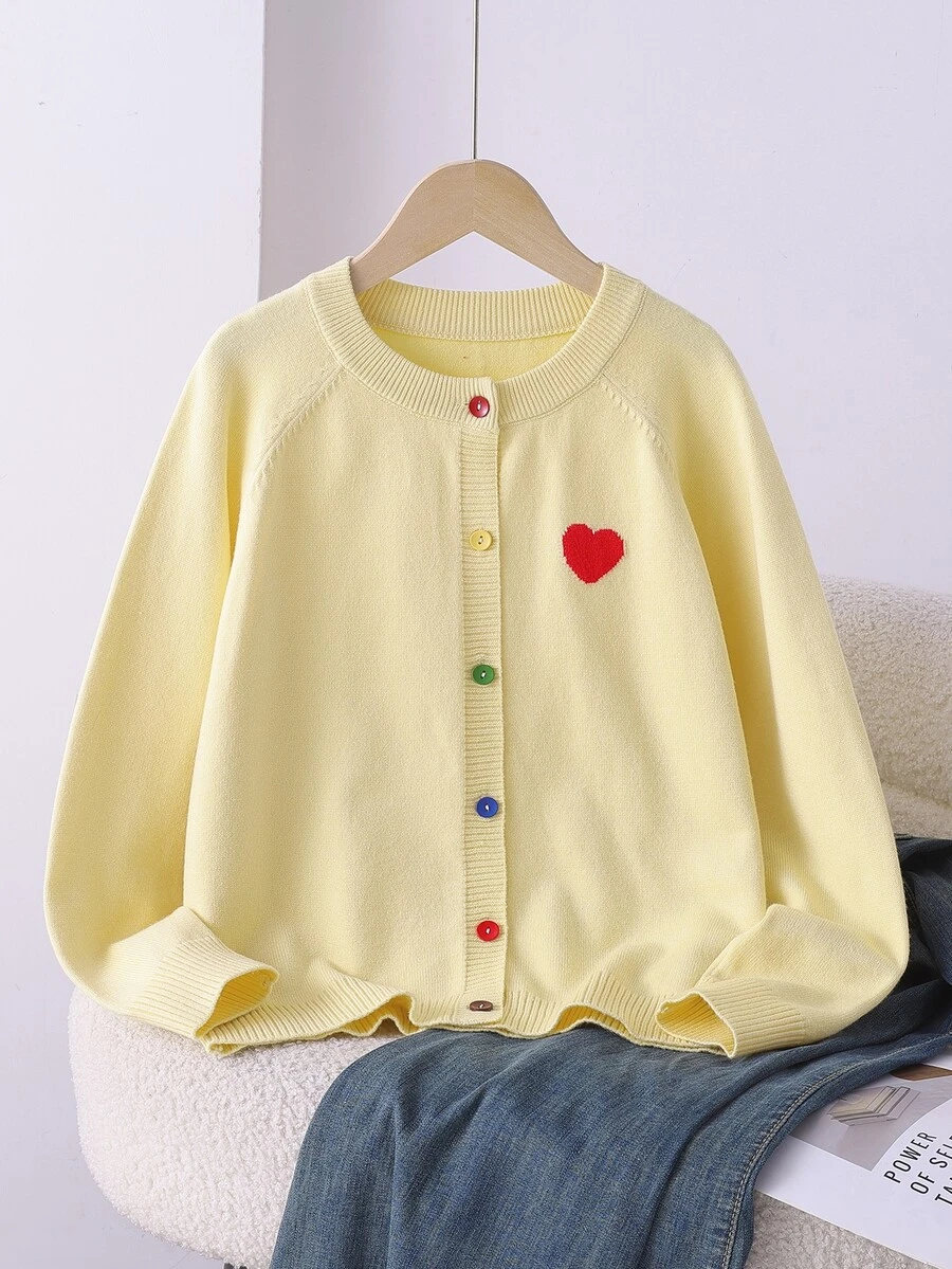 SHEIN 青少年女孩秋冬休閒愛心彩色鈕扣開襟衫 - 黃色 - 查看 1