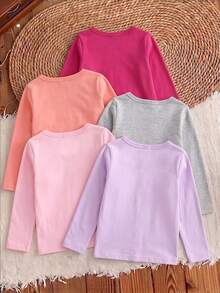 SHEIN Playful Pals Baby Girls Clothes 5Pcs Long Sleeve T-Shirt Set Solid Color Crewneck Pullover Tops Autumn Winter Basic Undershirt Multipack Multi-Pack - Multicolor - View 2