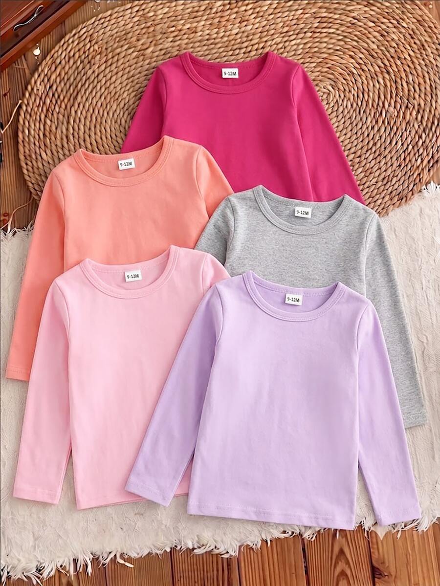 SHEIN Playful Pals Baby Girls Clothes 5Pcs Long Sleeve T-Shirt Set Solid Color Crewneck Pullover Tops Autumn Winter Basic Undershirt Multipack Multi-Pack - Multicolor - View 1
