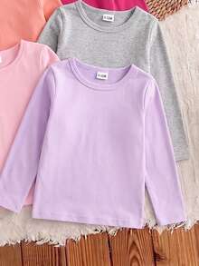 SHEIN Playful Pals Baby Girls Clothes 5Pcs Long Sleeve T-Shirt Set Solid Color Crewneck Pullover Tops Autumn Winter Basic Undershirt Multipack Multi-Pack - Multicolor - View 3