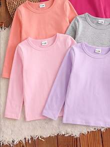 SHEIN Playful Pals Baby Girls Clothes 5Pcs Long Sleeve T-Shirt Set Solid Color Crewneck Pullover Tops Autumn Winter Basic Undershirt Multipack Multi-Pack - Multicolor - View 4