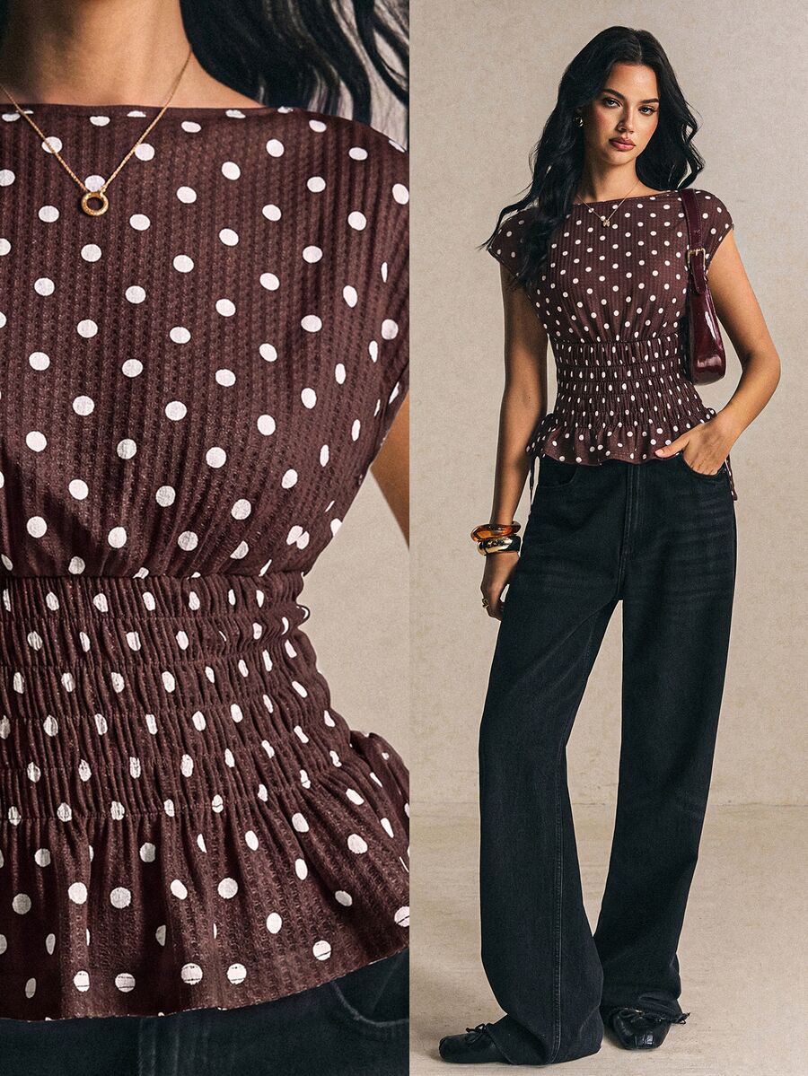 Poéselle Atasan Wanita Motif Polkadot Prancis dengan Pinggang Ramping dan Hem Berkerut - Coklat - View 1