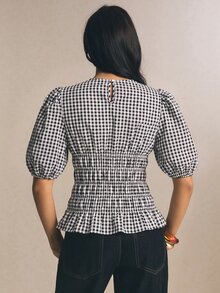 Poéselle 女款街頭時尚格紋百褶收腰荷葉邊上衣 - 黑與白 - 查看 2