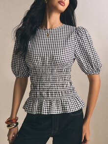Poéselle 女款街頭時尚格紋百褶收腰荷葉邊上衣 - 黑與白 - 查看 5