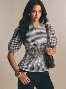 Poéselle 女款街頭時尚格紋百褶收腰荷葉邊上衣 - 黑與白 - 查看 6