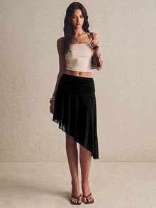 Poéselle 女款優雅通勤純色不對稱下擺裙 - 黑色 - 查看 4