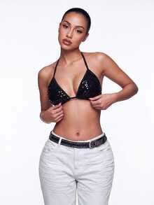 SHEIN ICON Y2K Music Festival Pink Pentagram Embroidered Shiny Sequin Halter Neck Strap - Black - View 4