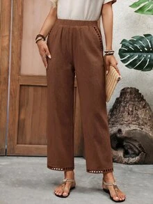 EMERY ROSE Women's Solid Color Casual Boho Versatile Daily Vacation Holiday Travel Long Pants Shades Of Brown Summer Everyday - Brown - View 5