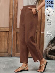EMERY ROSE Women's Solid Color Casual Boho Versatile Daily Vacation Holiday Travel Long Pants Shades Of Brown Summer Everyday - Brown - View 1